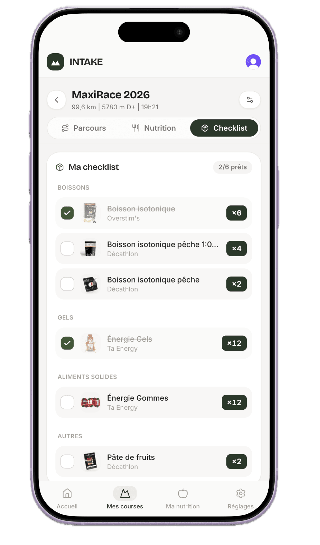 Intake — checklist sur mobile